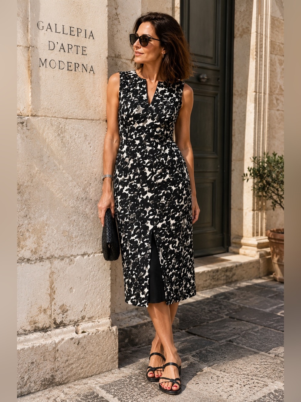 Max Mara Pure Lino 100% Linen Dress Black White Mod Abstract Shift Dress Size 10